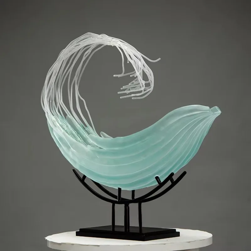 

High-quality home interior decoration ornaments, handicraft art 3D design modern whale wave transparent resin sculpture
