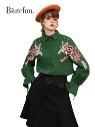 Women's Hand Painted Leopard Design Ruffle Sleeve Shirt, Spring Shirt