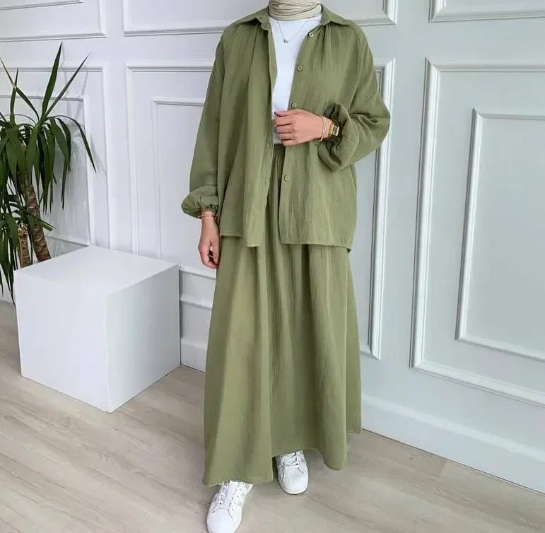 Muslim Shirt Skirt 2 Piece Set Fashion Women Clothing Puff Sleeve Arab Casual Loose Lapel Shirt Half Skirt