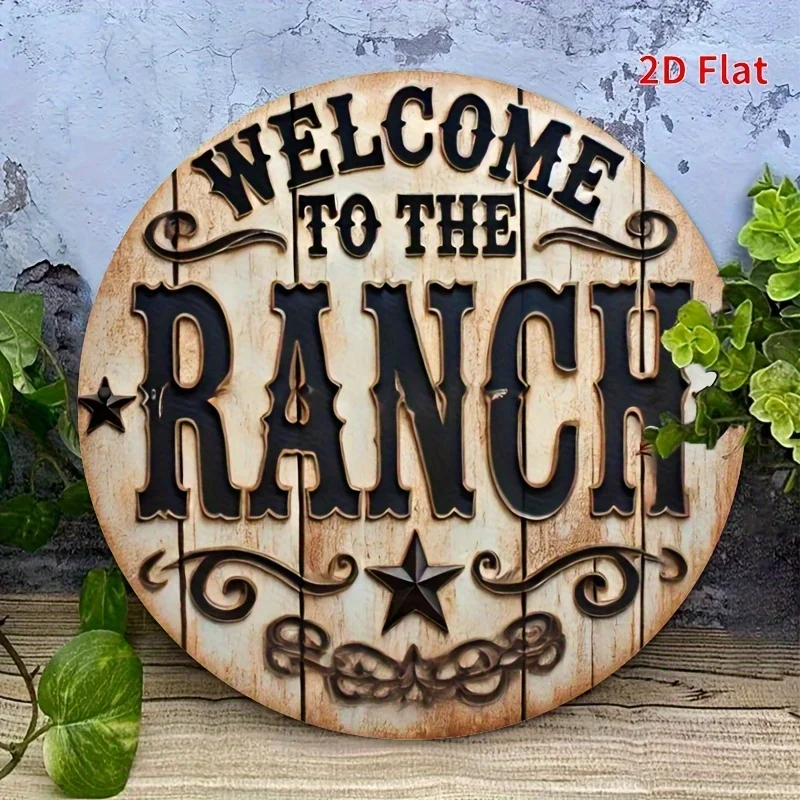 2D Flat, Welcome to Ranch - Rustic Farmhouse Wall Decor Sign with & Golden Lettering, Vintage Western Style Round Metal/ Wooden