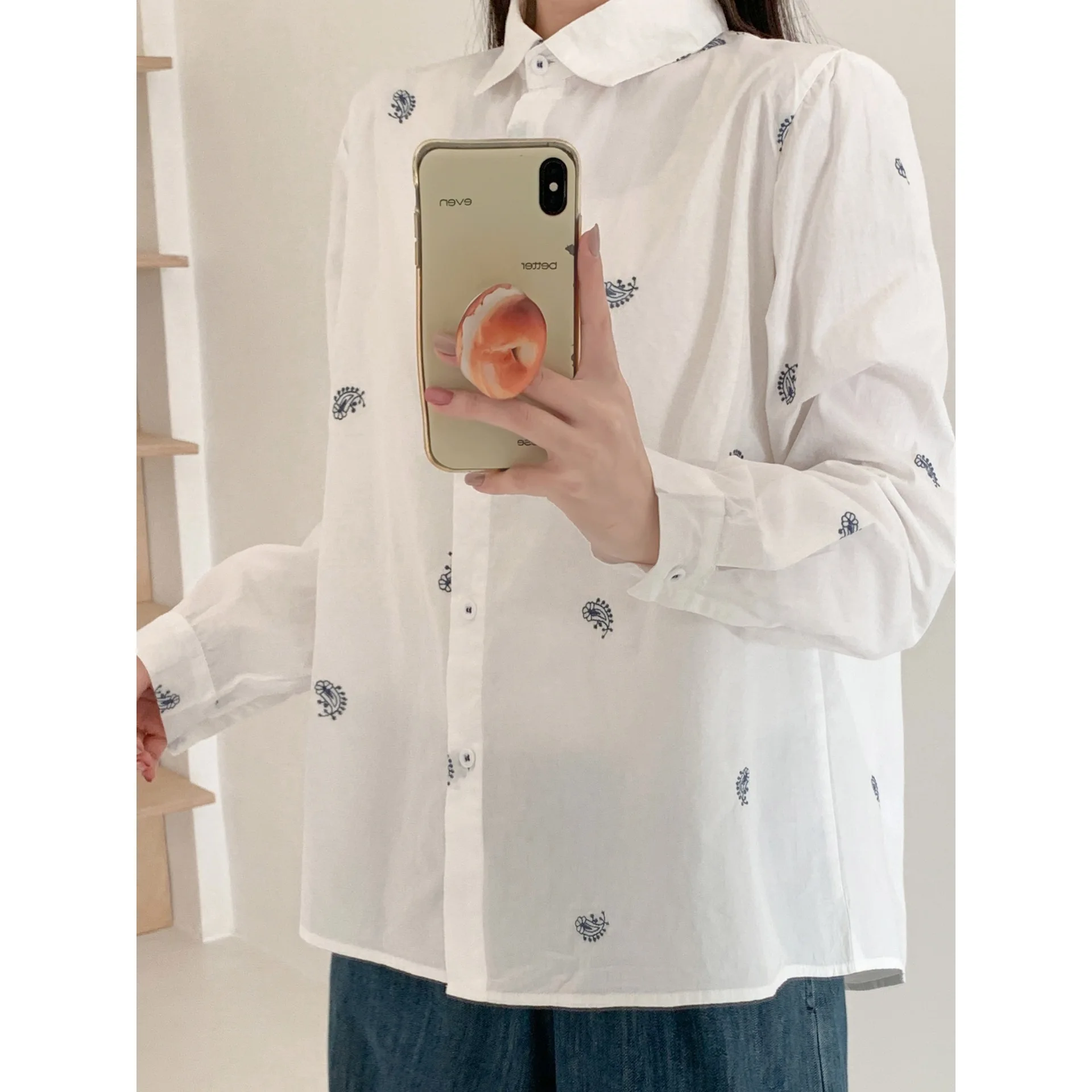 Elegant Embroidered White Shirt Women's Loose Casual Long Sleeve Thin Outerwear Top Cotton Spring Season High Elasticity