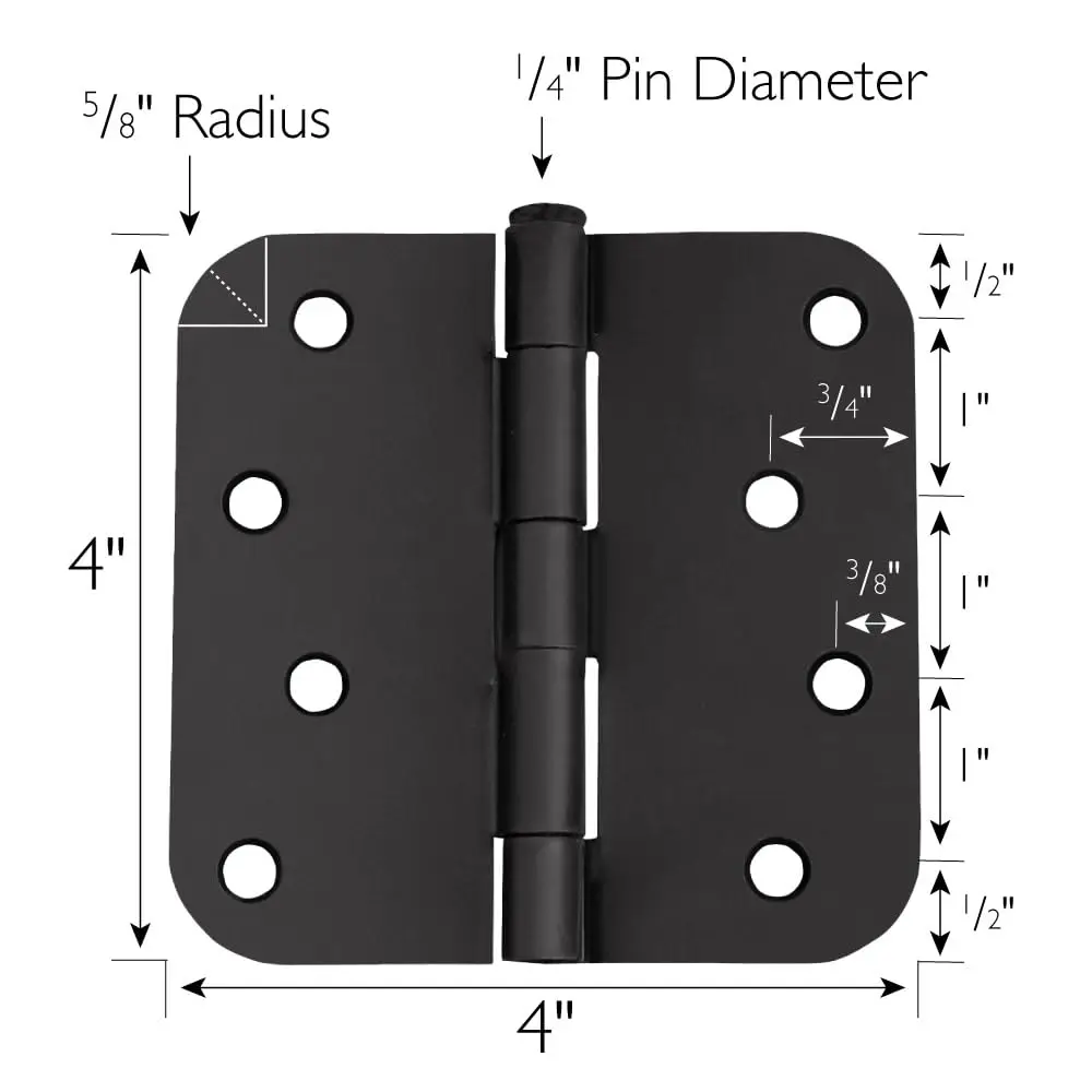 Bisagras de puerta para puertas interiores Paquete de 9 4 pulgadas x 4 pulgadas - Bisagra de puerta de acero con radio redondeada de 5/8 pulgadas - Negro mate