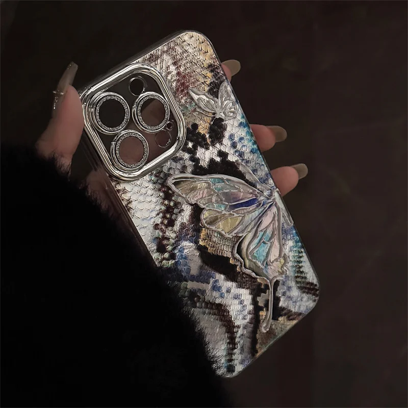 Custodia per telefono farfalla laser in pelle di serpente per iPhone 16 Pro 15 14 12 13 Pro Max Cover custodie in silicone antiurto per 15Pro Cute Funda