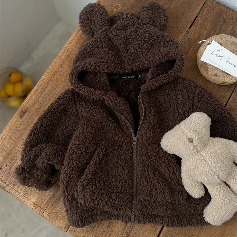 Kids Boys Girls Teddy Fleece Hooded Jacket Bear Ear Zip Up Coat Warm Autumn Winter Baby Children Outerwear