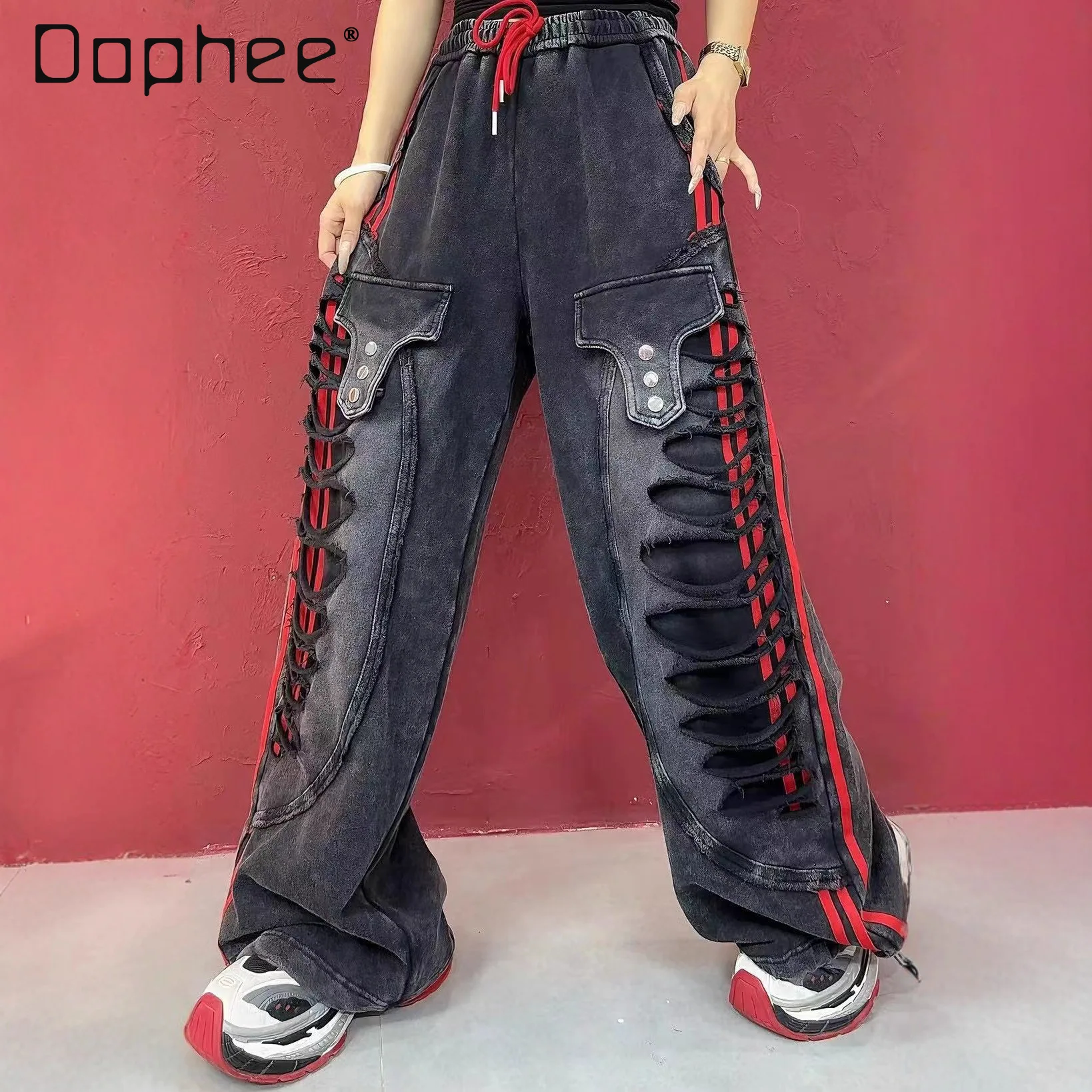 

European Style Casual Pants for Women 2025 Autumn New Heavy-duty Striped Ripped Washed White Drawstring Long Pants Trendy