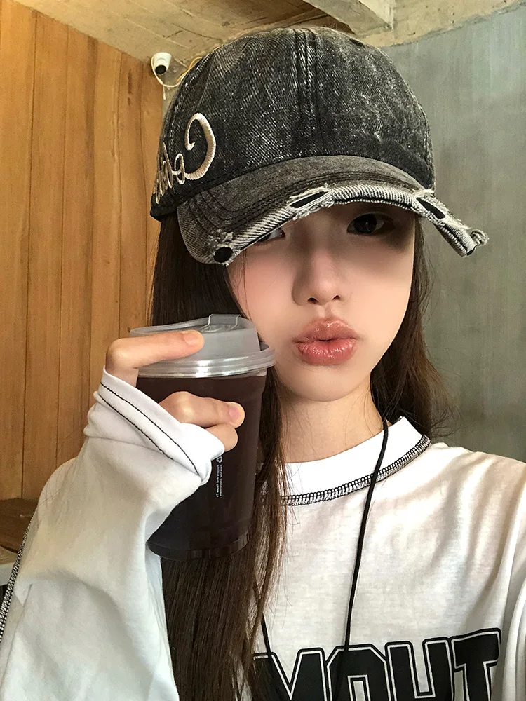 Retro Washed Letter Embroidery Denim Baseball Cap Women Large Deep Face Slimming Black Big Head Circumference Cap