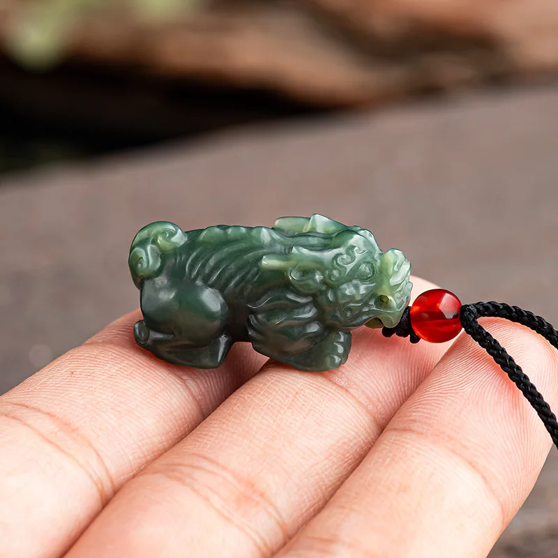 Natural Old Material Hetian Jade Green Pixiu Pendant Authentic Jade Accessory Wealth Luck Necklace for Men and Women Gifts