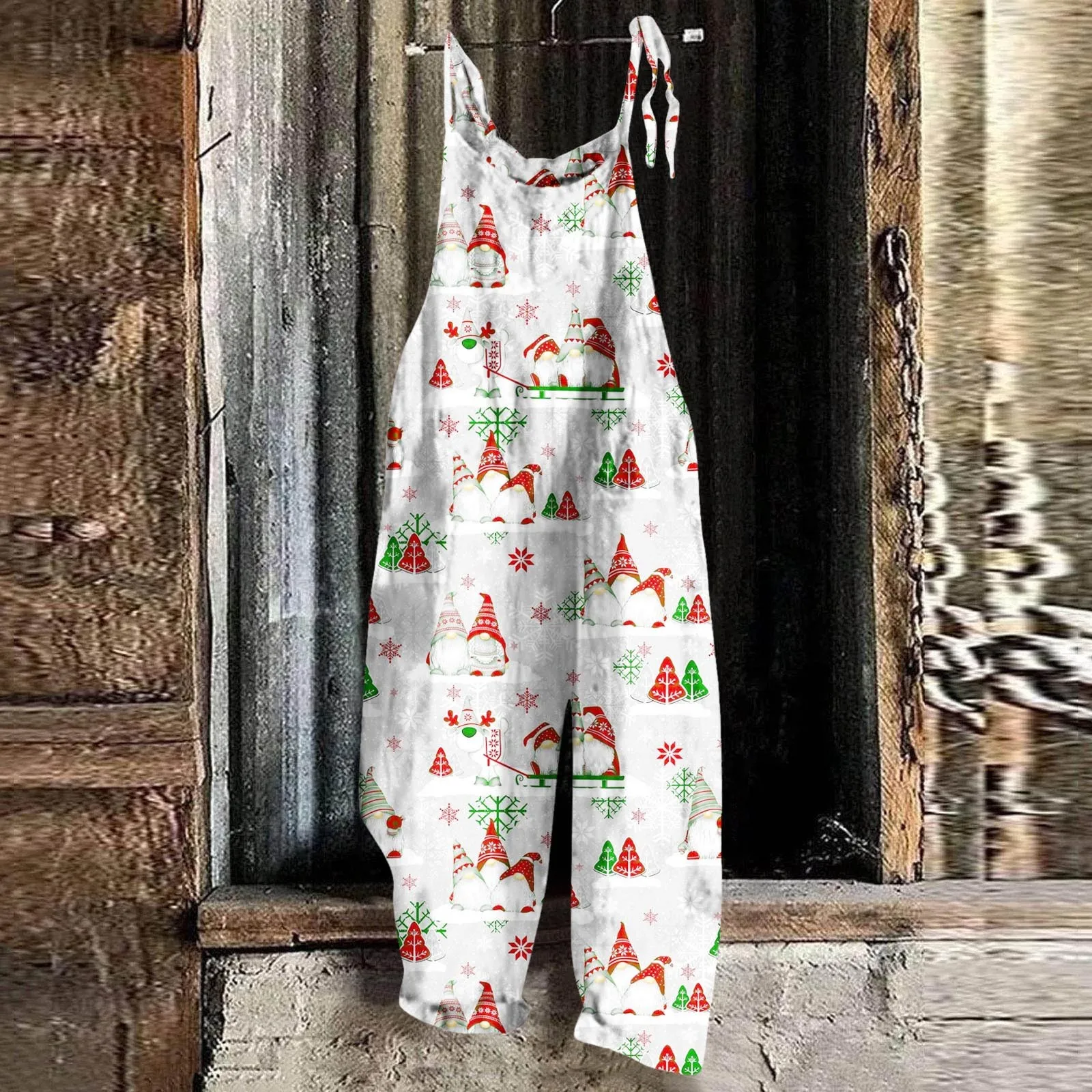 Women\'s Christmas Snowman Print Adjustable Strap Jumpsuit Wide Leg Rompers Loose Casual Bib Overalls Strappy Dungarees Onesie