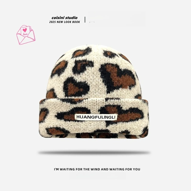 الكورية الخريف والشتاء شخصية الرجعية الحب ليوبارد طباعة البلوز القبعات للنساء الدافئة متماسكة Skullies Beanies #5
