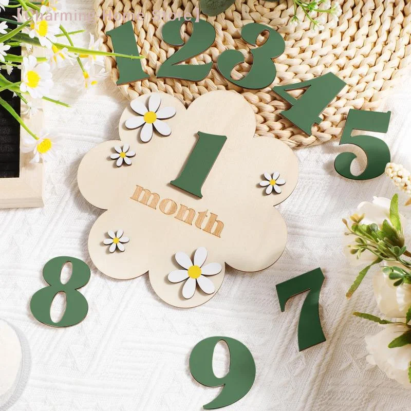【M】Wooden Baby Monthly Milestone Cards Flowers Double Sides Number Month Girls Boys Newborn Photography Props Accessories