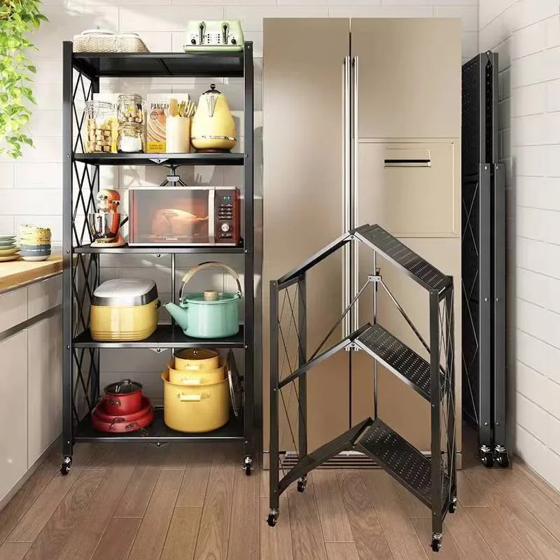 Home storage rack, installation-free, multi-layer kitchen large folding floor with wheels, living room movable finishing rack