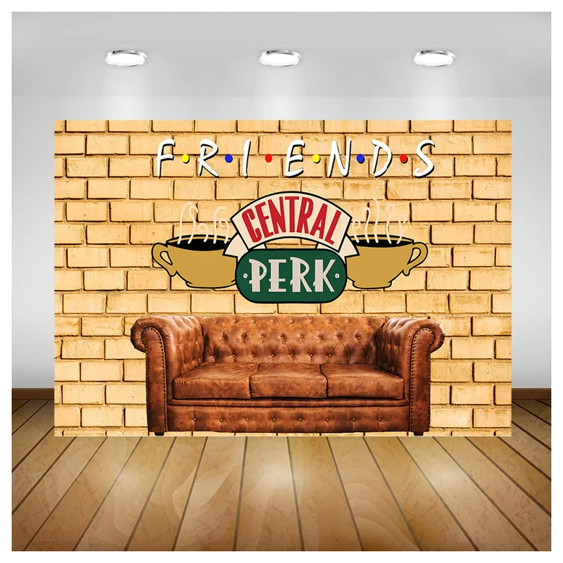 

Friends Central Perk Backdrop Red Brick Wall Retro Pub Sofa and Coffee For 80s 90s Birthday Party Decoration Photoshoot BW-01