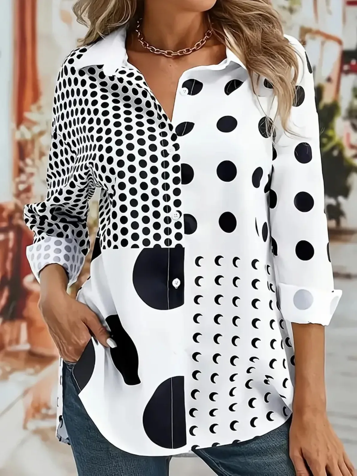 

Fashion Round Dot Pattern Women Shirts Long Sleeve 3d Printed Street Black White Simple Ladies Blouse 3XL Plus Size Casual Shirt
