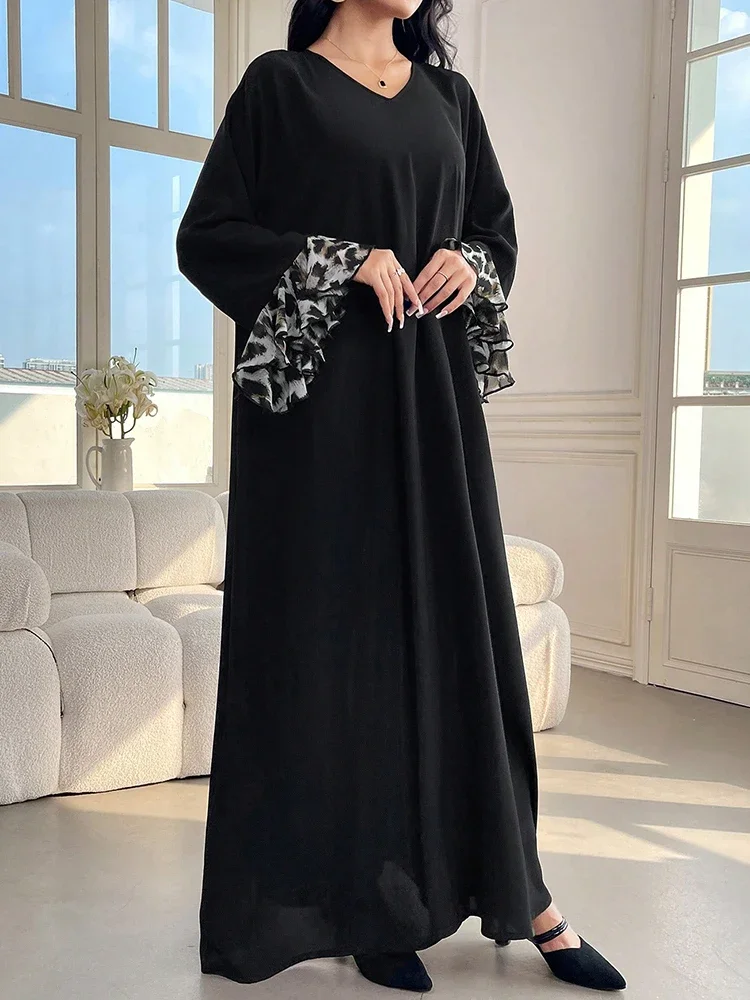 Mia Muse Ramadan Essentials Damska Muzułmańska Skromna Prosta Sukienka Maxi z Długim Rękawem i Dekoltem w Serek w Jednolitym Kolorze, Arabska Koszula Casual