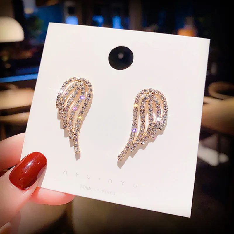 Angel Wings Full Crystal Rhinestone Golden Hollow Feather Stud Earring for Women Temperament Jewelry Christmas Girlfriend Gift