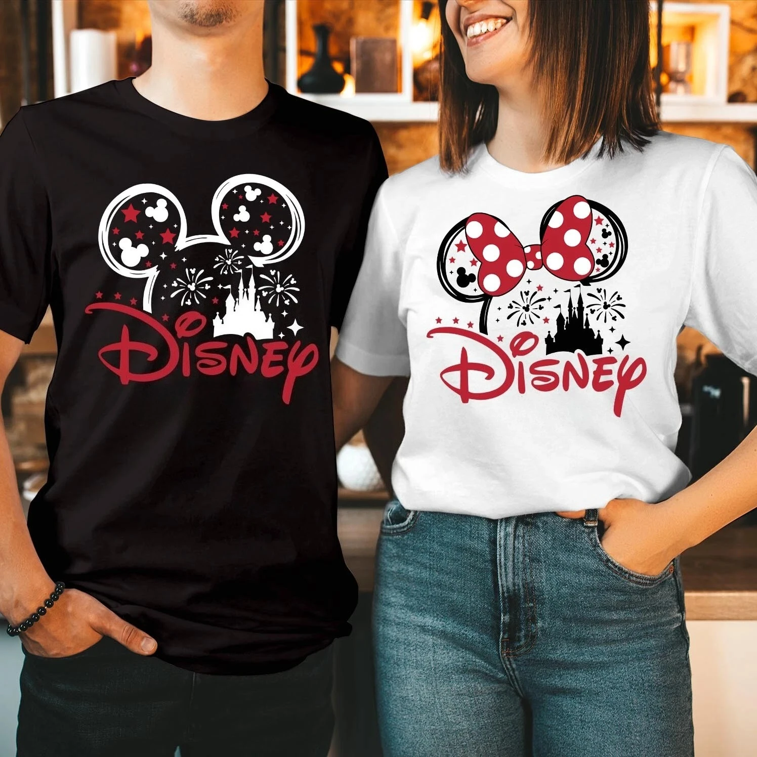 Camiseta Masculina e Feminina Disney Mickey Minnie 2026 para Férias em Família, Estilo Streetwear Casual Oversize Solto, Top de Algodão Primavera Verã