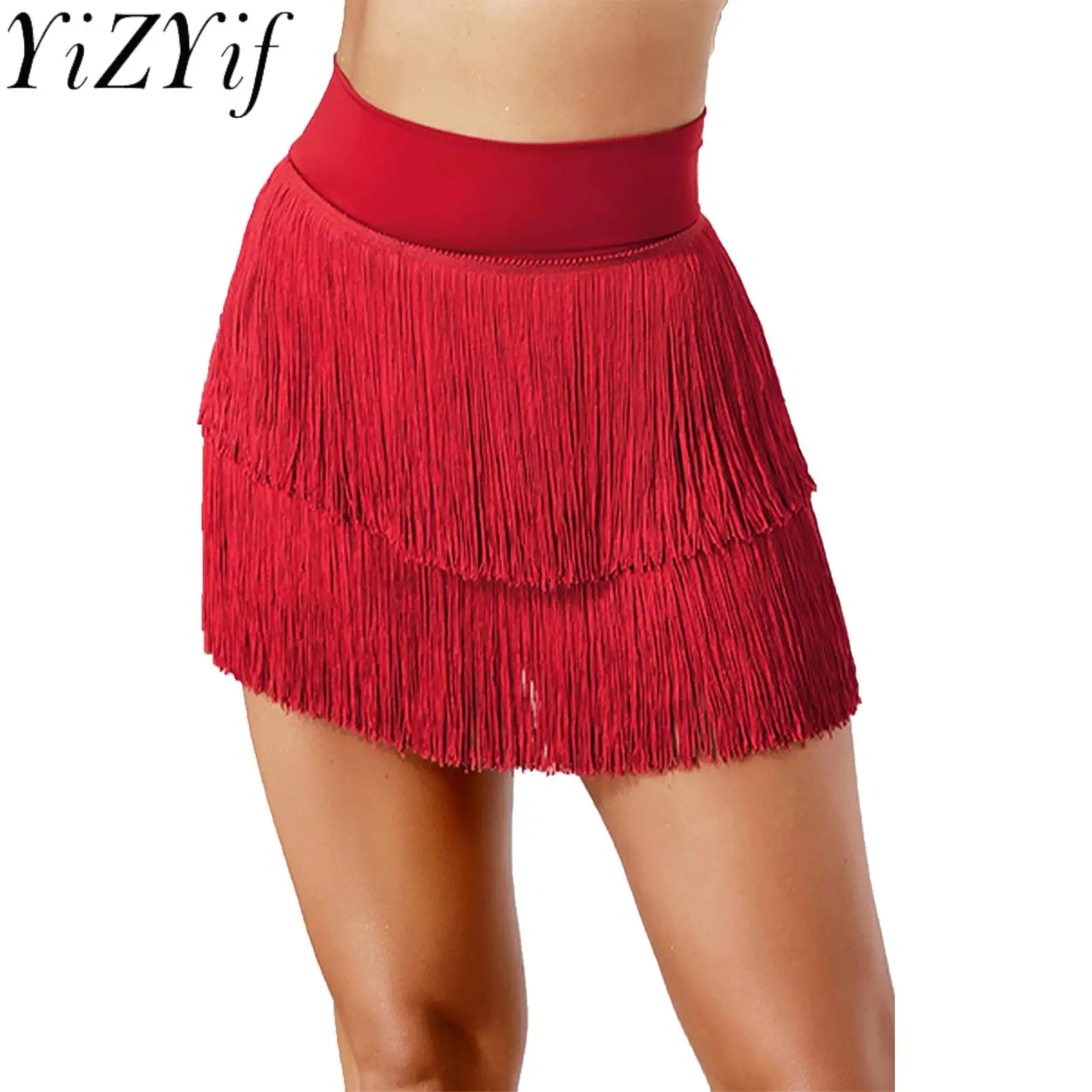 

Women Latin Chacha Dance Fringe Skirt High Waist And Hollow-out Tiered Tassel Dance Skirt for Modern Tango Ball Dance Costumes