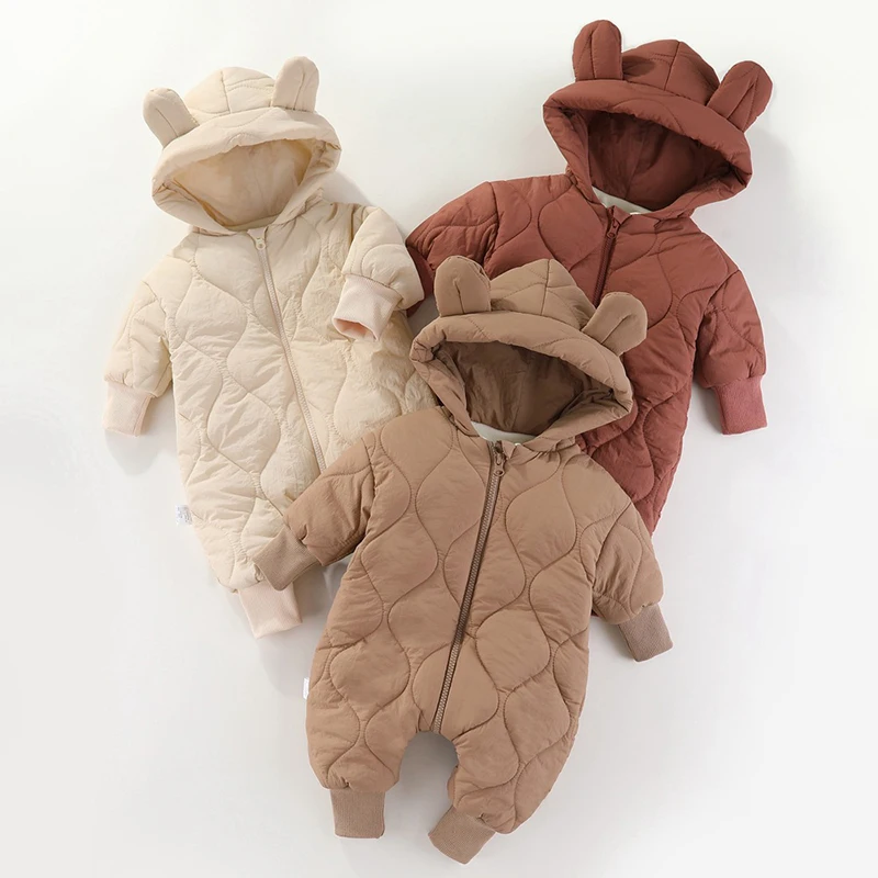 

Winter Warm Baby Boy Clothes Thicken Cotton Baby Romper Cute Bear Ears Hooded Infant Girls Jumpsuit 0-24 Months Newborn Bodysuit