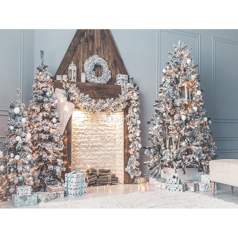 عيد الميلاد يوم خلفيات للتصوير الفوتوغرافي الدعامة الموقد نافذة الشتاء شجرة عيد الميلاد الديكور زهرة جارلاند الخشب الباب خلفية JU-04