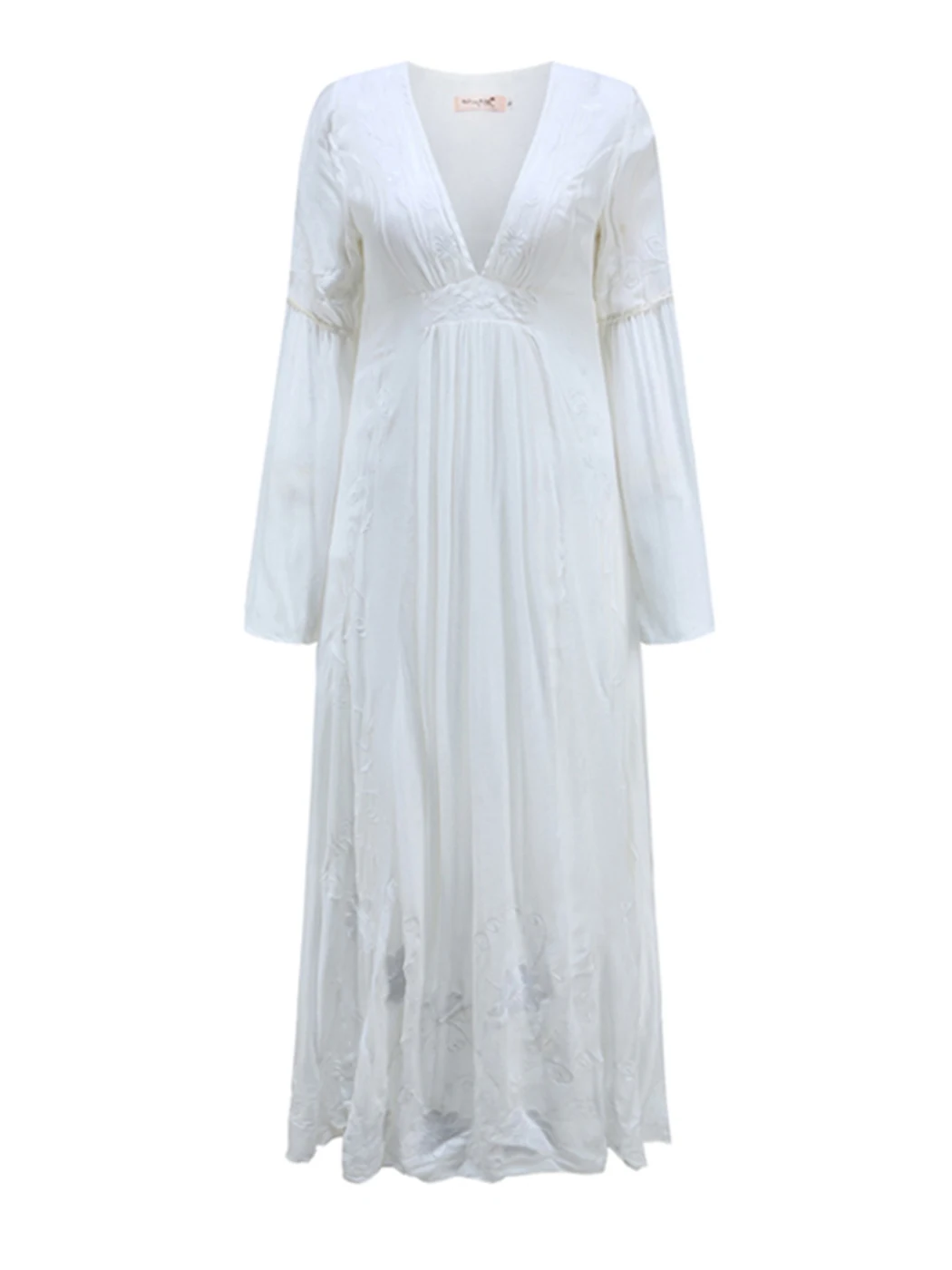 Jastie Boho 우아한 맥시 드레스 여성 솔리드 컬러 V 넥 벨 슬리브 루즈 헴 홀리데이 베스 티드 레트로 자수 비치 드레스