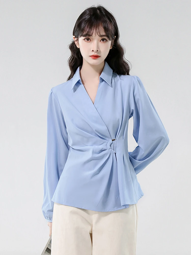 

Ele V-Ne Long Sve irt Women's Spring Faion Design Slimming Top French Sle Gathered Waist Bubble Sve irt