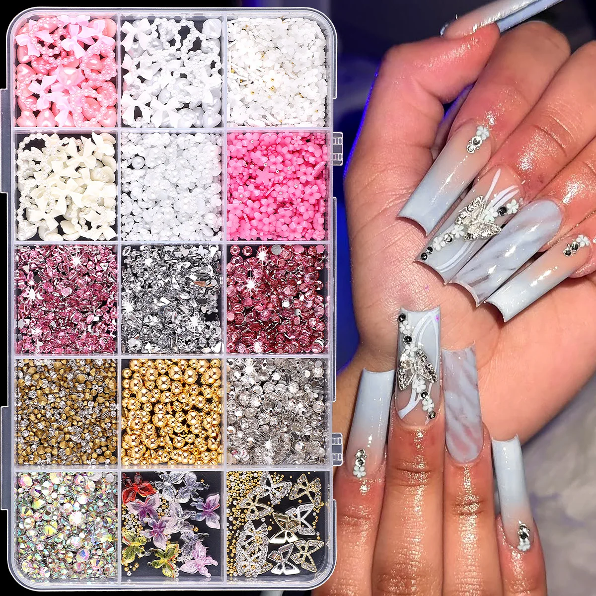 

15Grid Pink White Bowknot Heart Flower Nail Charm 3D Mixed Resin Bow Butterfly Pearl Beads Nail Art Rhinestone Flatback Diamond