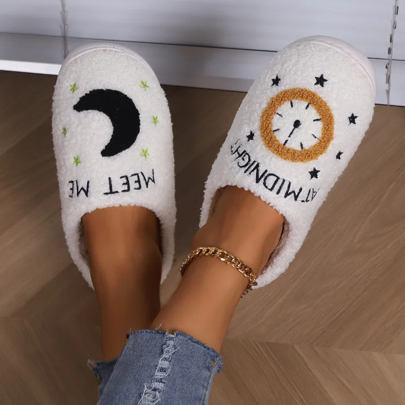 Cartoon Comfort Soft Sole Fluffy Slippers for Women Winter New Warm Lamb Wool House Slippers Woman Flat Heel Cotton Indoor Shoes