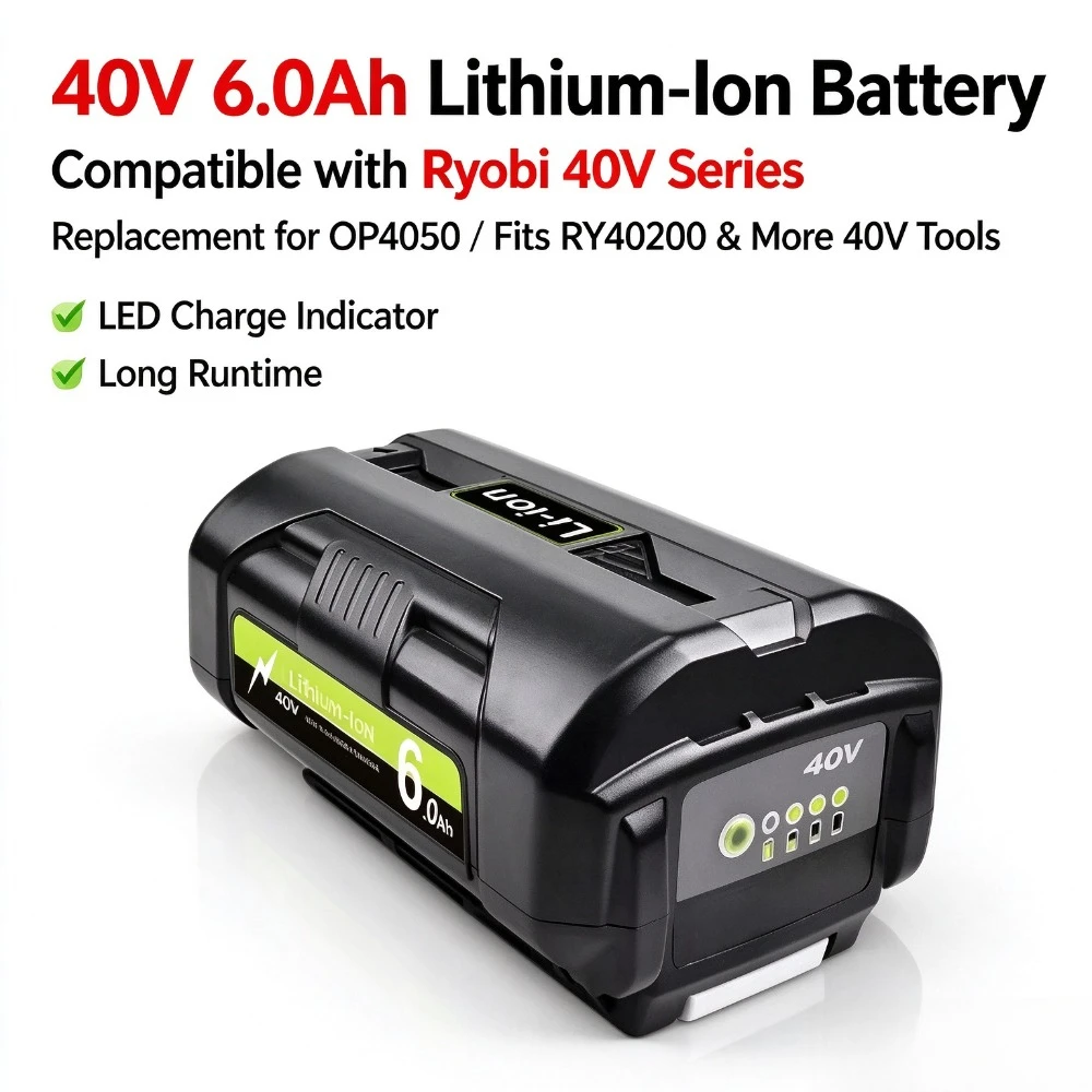 6.0Ah Li-Ion Rechargeable Battery for Ryobi 40V Cordless Tools, OP4050 OP4026 OP40401, Fits RY40200 RY40502