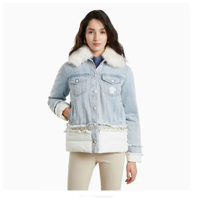 

2025 Foreign Trade Original Order Spain Color blocked Splicing Detachable Wool Collar Denim Short Coat
