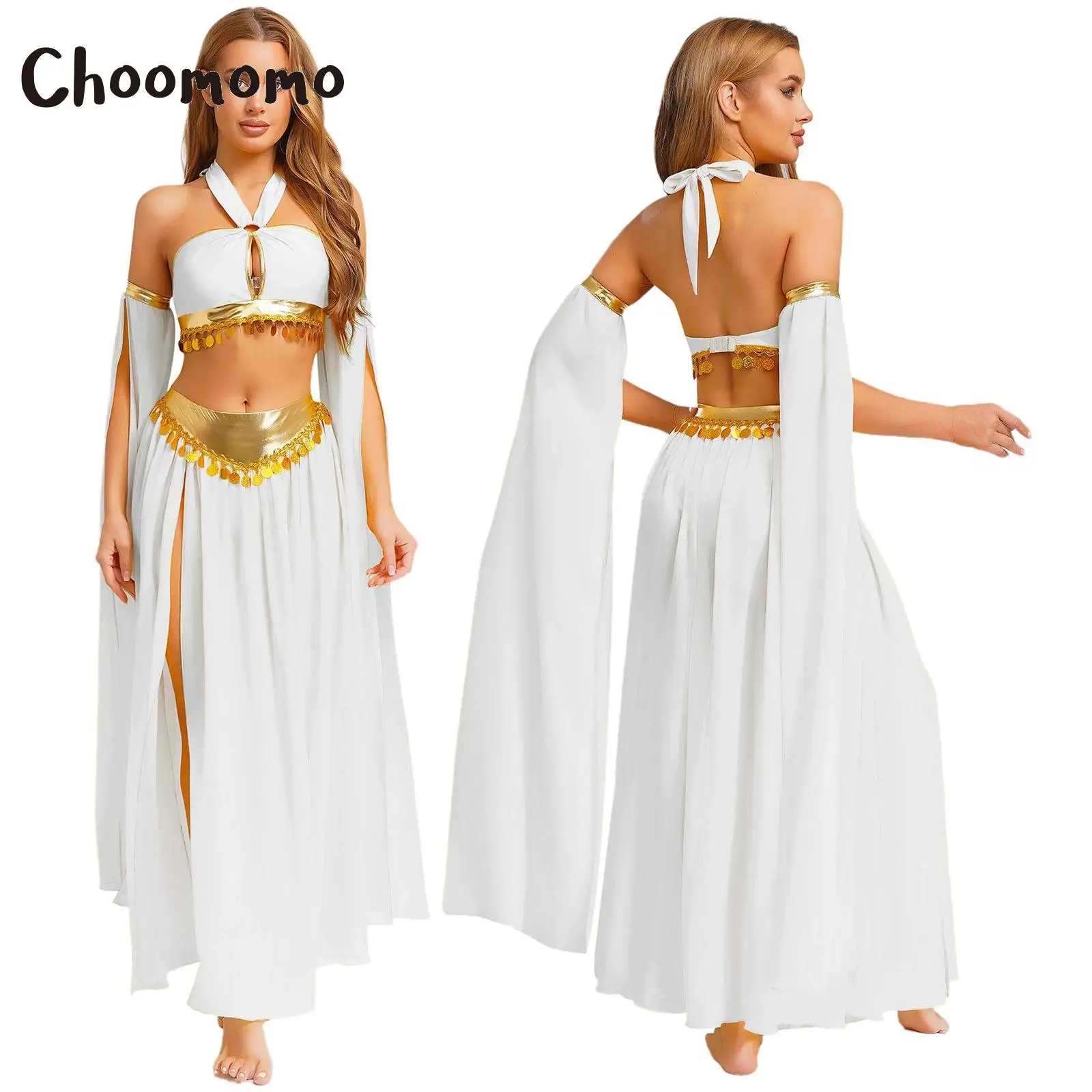 

Women Halloween Cleopatra Cosplay Costume Ancient Rome Egyptian Halter Crop Top with Split Chiffon Skirt Sleeves Belly Dance Set
