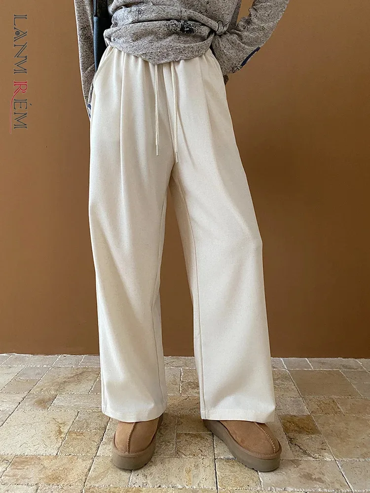 

[LANMREM] High Waist Straight Wide Leg Pant For Women Solid Drawstring Elastic Loose Trousers Fashion 2024 Autumn New 26C623