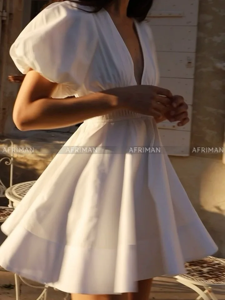 

2025 New Women V Neck Short Lantern Sleeve Bow Decoration Waist Mini White Cotton Dress