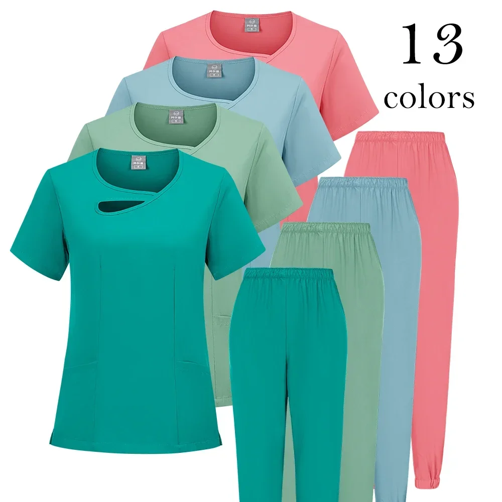 

Solid Color Nursing Work Scrub Women's Short-sleeve V-neck Uniform Clinic Nurse Uniform Protective Clothing Care Worker Lab Tops