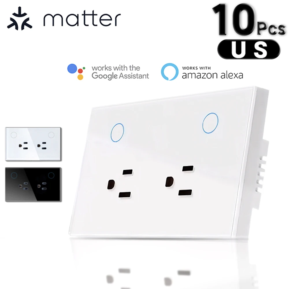 

Matter WIFI Smart Wall Socket 10Pcs US Electrical Plug Outlet 10A Power Touch Switch Wireless Remote Work With Alexa Google Home