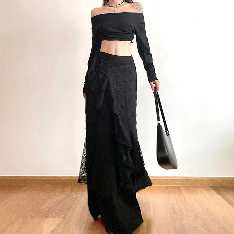 Y2K Black Long Skirt Women Harajuku Gothic Lace Asymmetrical Maxi Skirts Summer Korean Ruffles Patchwork Bandage Design Faldas