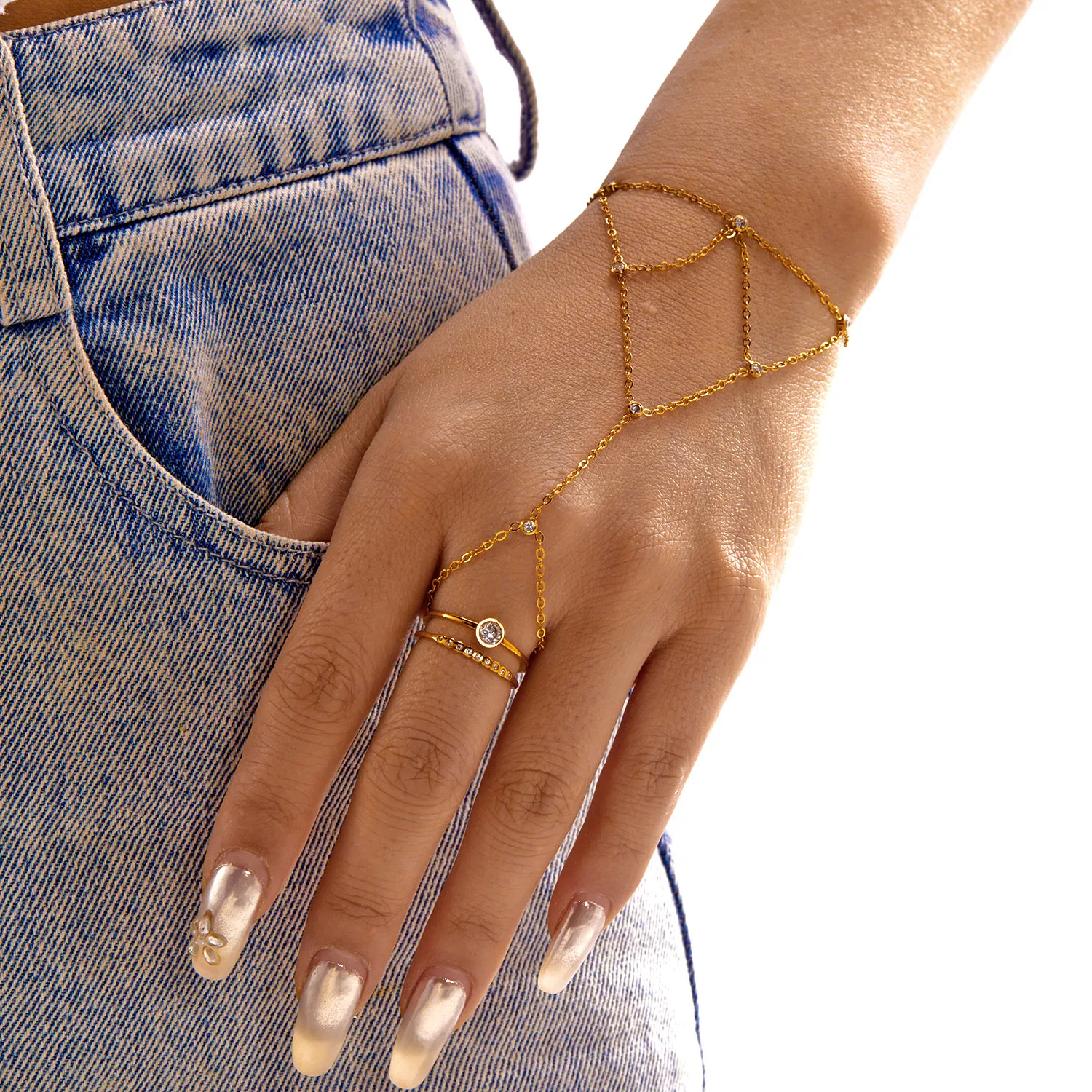 

Design Sense Mesh Fringe Ring Bracelet for Women Exquisite Stainless Steel Zirconia Linked Bracelet Wedding Party Jewelry