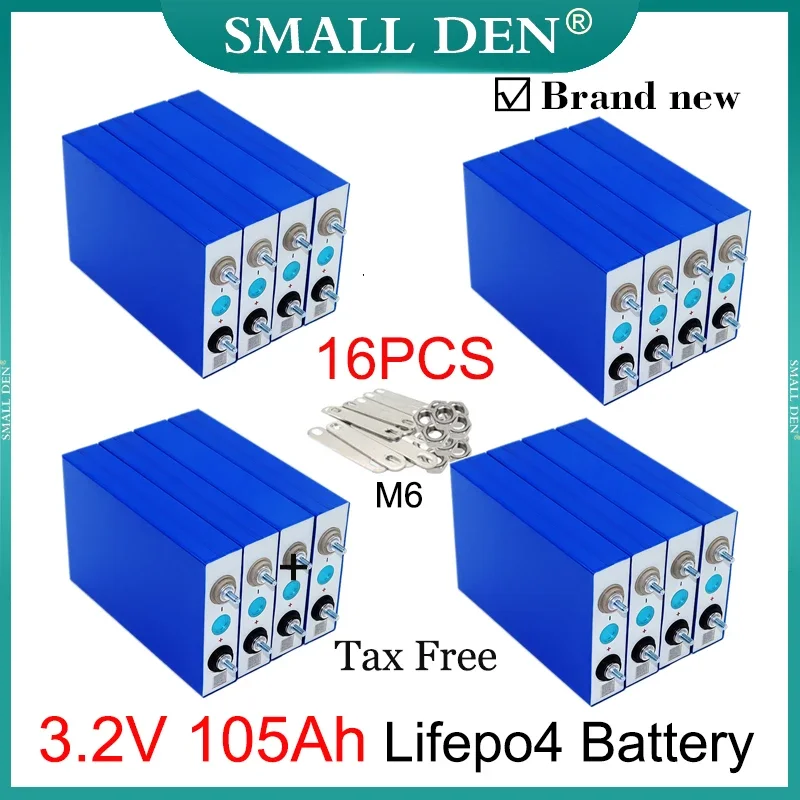 

16PCS 3.2V 105Ah Grade A Lifepo4 Rechargeable Battery 3C Discharge DIY 12V 24V 48V Solar E-Car Boat RV Golf Carts Camper Trucks