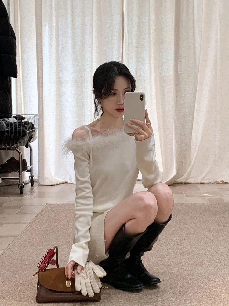 

BRIVIN Korean Sle White Fur Collar Slant oulder Knitted Sweater Women's Slim Fit Faionable Winter New Arrival Top