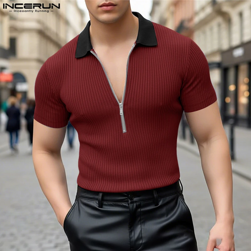 

INCERUN Men Shirt Knitted Patchwork Lapel Short Sleeve Zipper Men Clothing Tops Summer Streetwear Color-block Fashion Camisas
