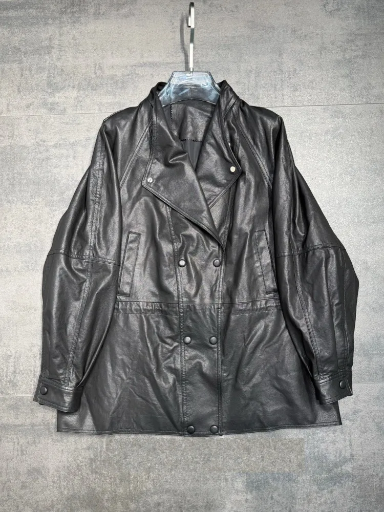 الخريف الشتاء النساء مزدوجة الصدر النفط الشمع جلد الغنم معطف جلد طبيعي عادية فضفاض صالح سترة السيدات ترتيب الأسرة طوق معطف