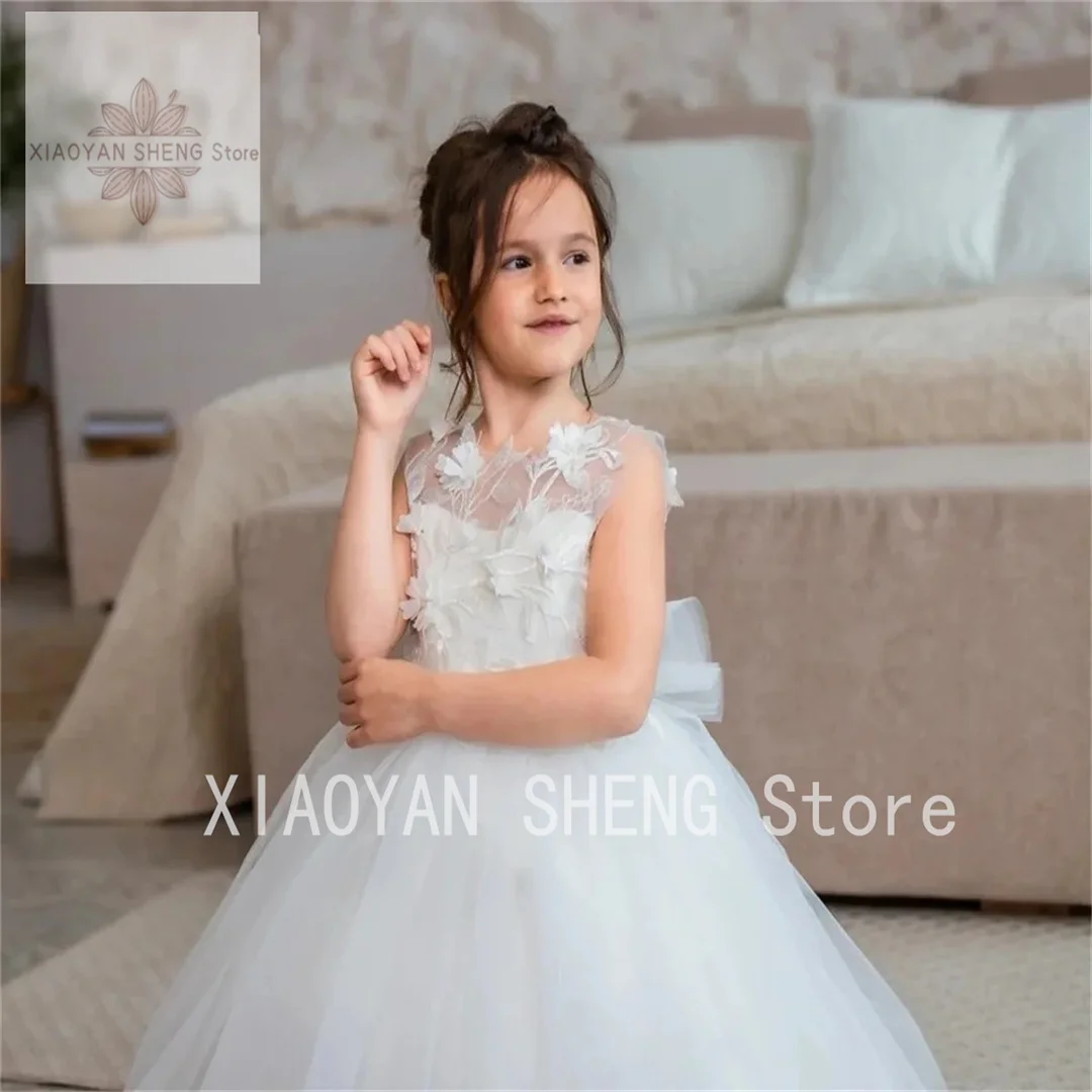 Ivory White Flower Girl Dress Tulle Puffy Detactable Tail Sticker For Wedding Cute Princess Kids First Communion Birthday Dress