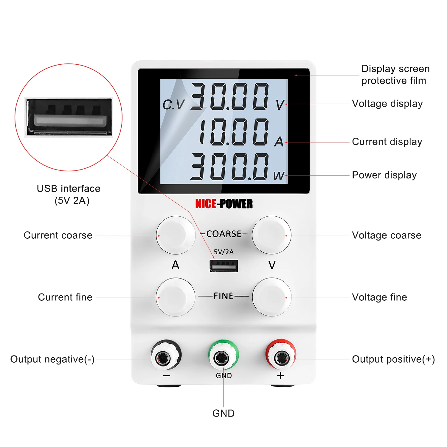 LCD 4 digit DC Power Supply 30V 60V 10A 5A Adjustable Switching sumber 220V ke 12V konverter 4 Tombol USB pengisian Port Stabilizer