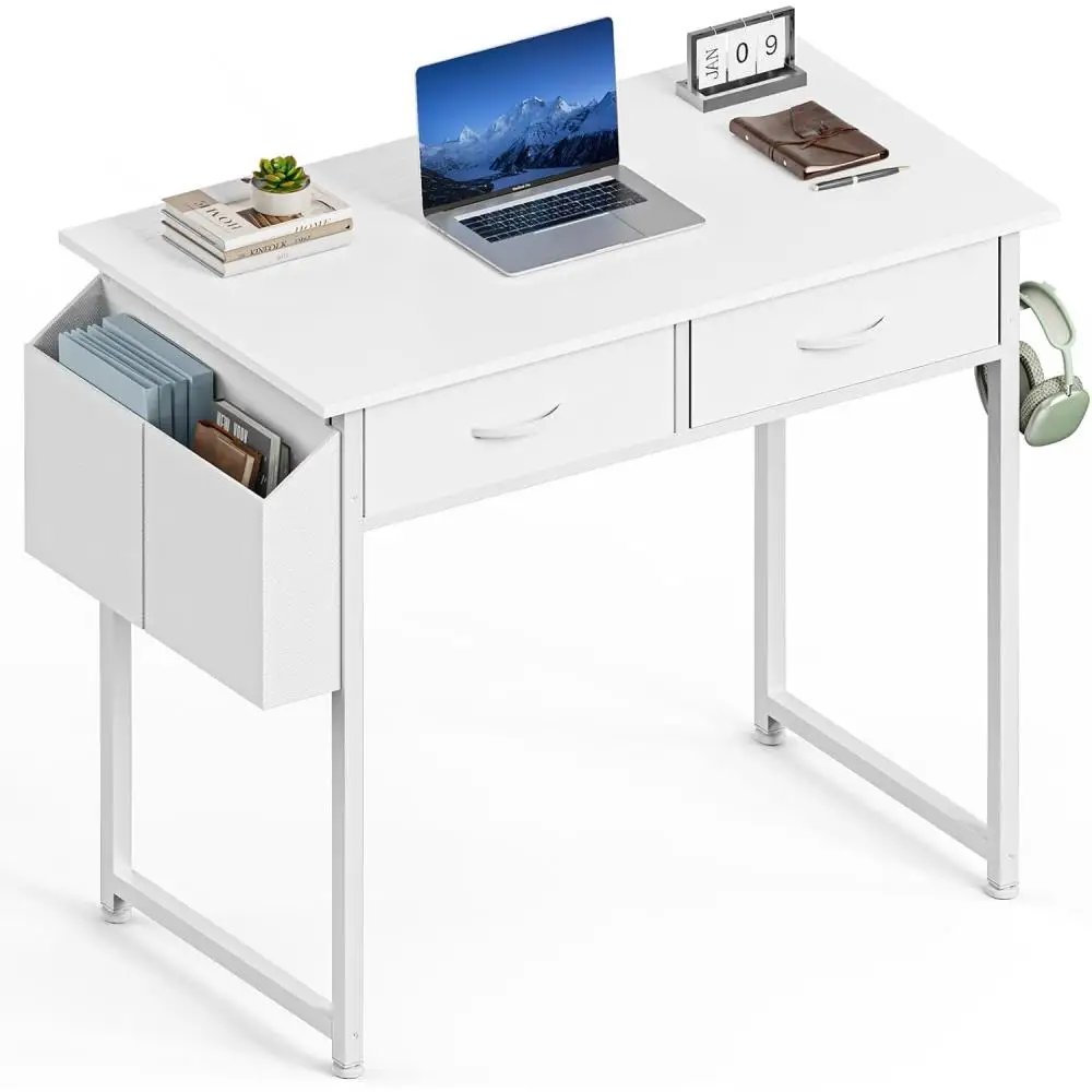 

Computer Desk Small 32 Inch Home Office Bedroom Writing Study PC Table with Fabric Storage Drawers Space Side Bag Headph