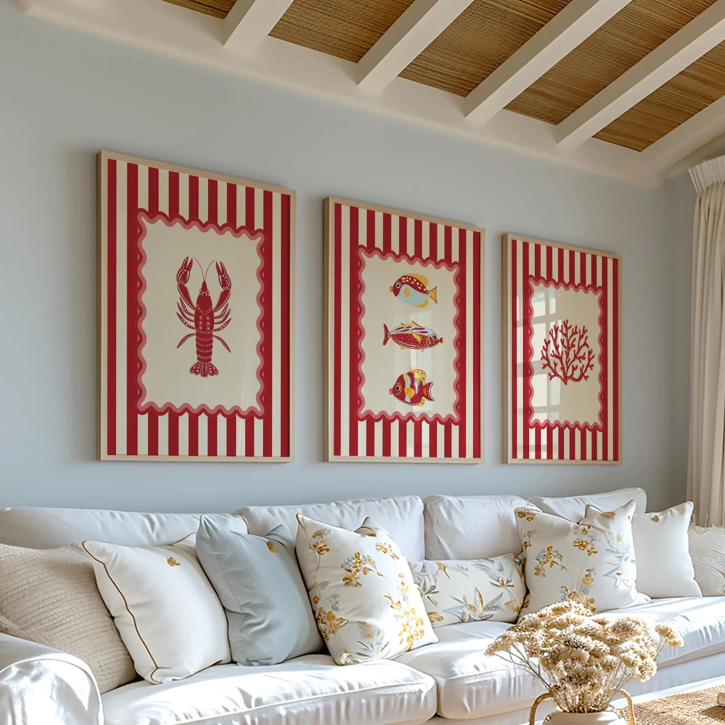 3PCS Large-sized frameless canvas paintings,Lobster Wall Art Aesthetic Gallery Print Set of 3 Kitchen Art Coastal Wall Art Beach