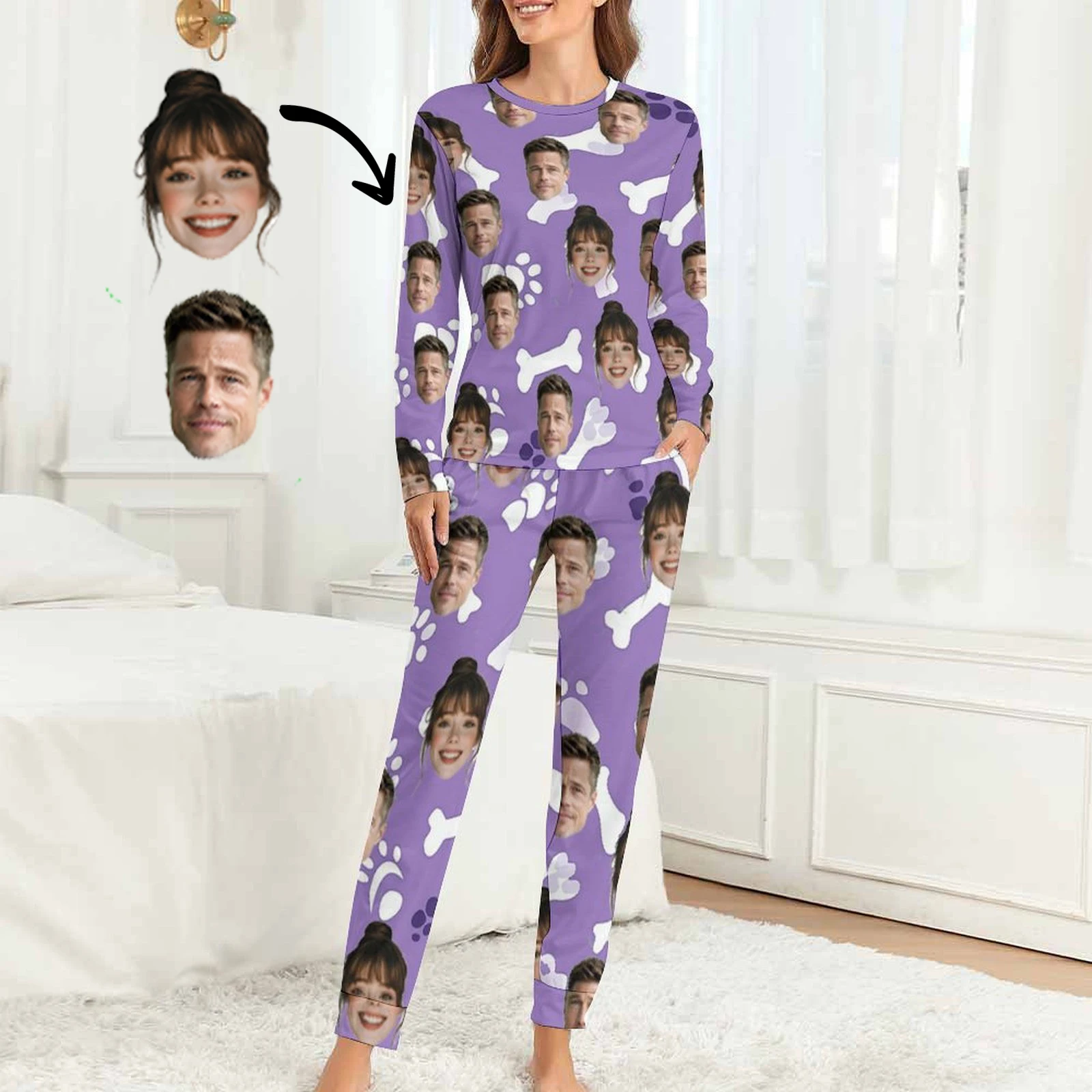 بيجامة نسائية مخصصة مع ملابس منزلية للوجه طقم بيجامة نسائي مخصص بأكمام طويلة بيجامة مخصصة مع بيجامة صور مخصصة للوجه