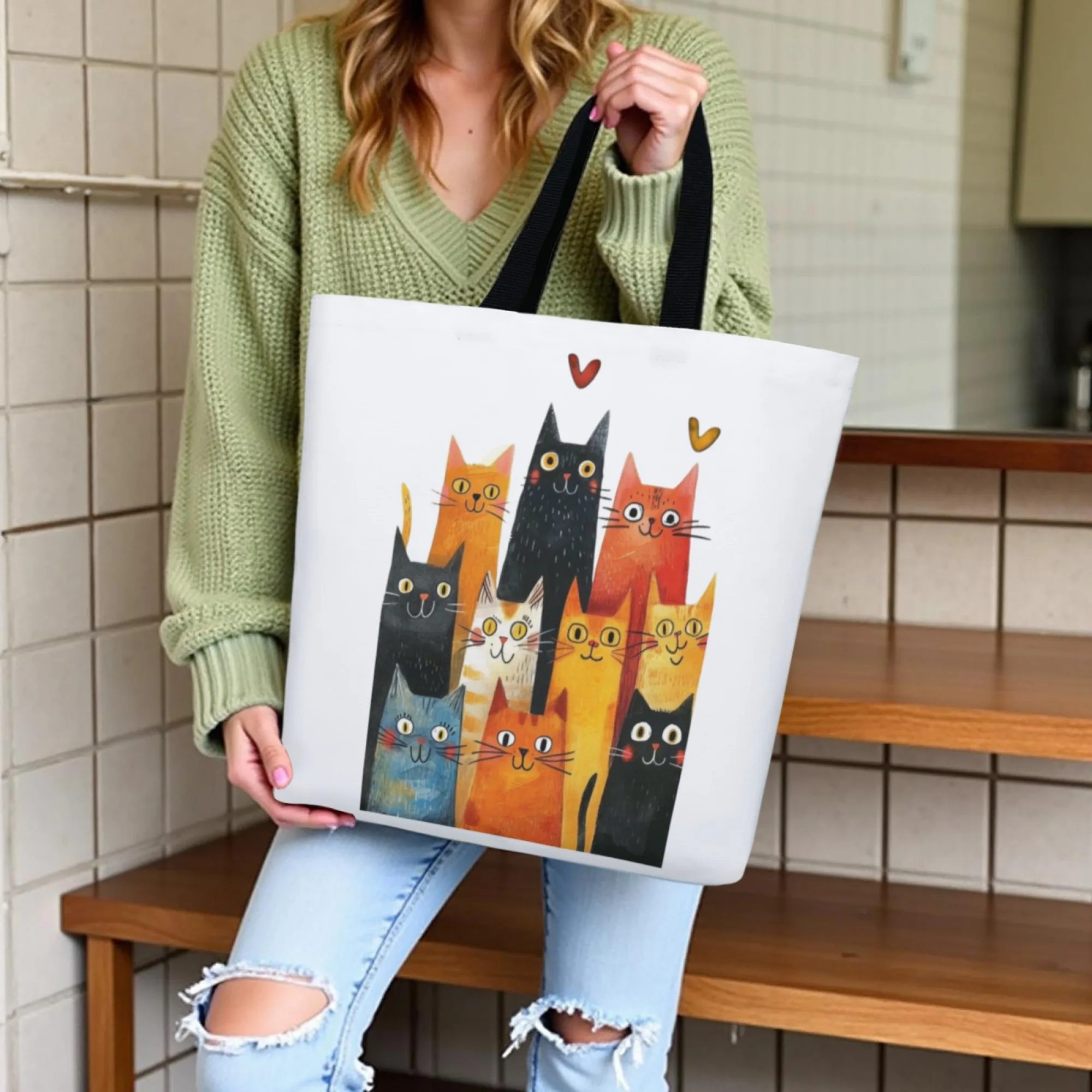 

Cute Cats Kawaii Pattern Print Women Canvas Shoulder Bag with Large Capacity Tote Stylish & Comfortable for Daily Use Gift