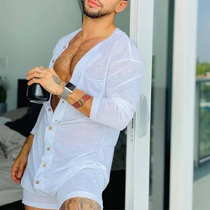 Sexy Men's Tight Pajama, Monochrome Jumpsuit, O -College, T -Shirt and Long Sleep Shorts, 1 -piece buttons, home clothes, new, 2023 8 Main Men's Body Sales - №6