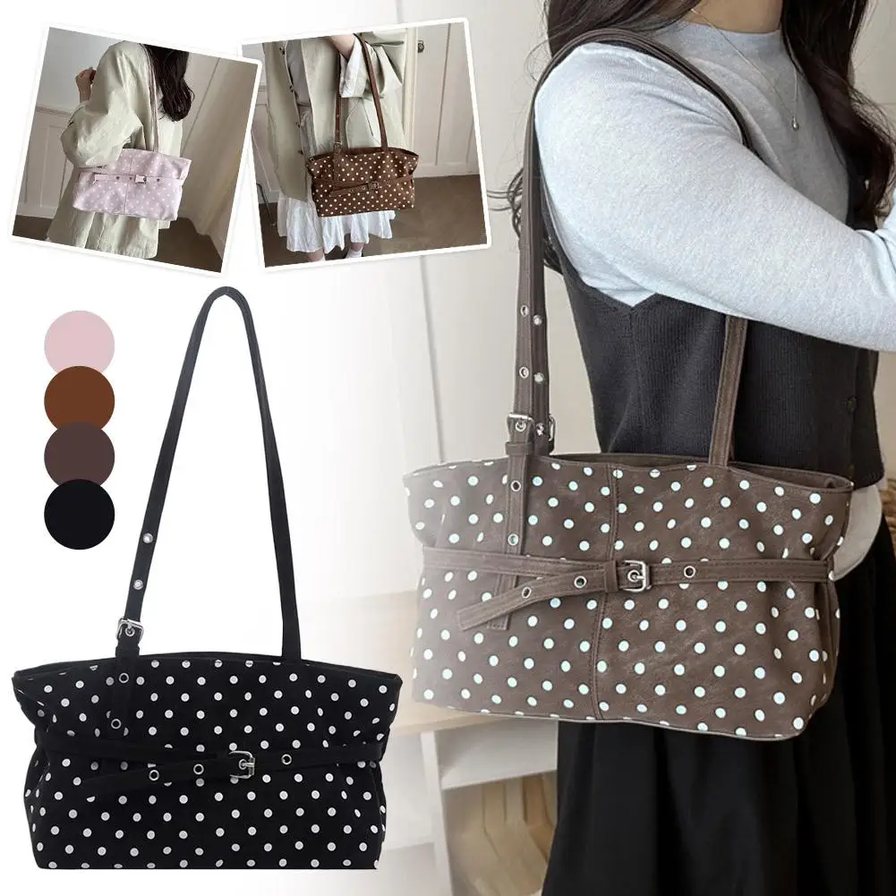 Damen-Tragetasche mit Polka-Dots, große Kapazität, Schulterhandtasche, Vintage, lässig, für Pendler und Einkäufe – Detail 17