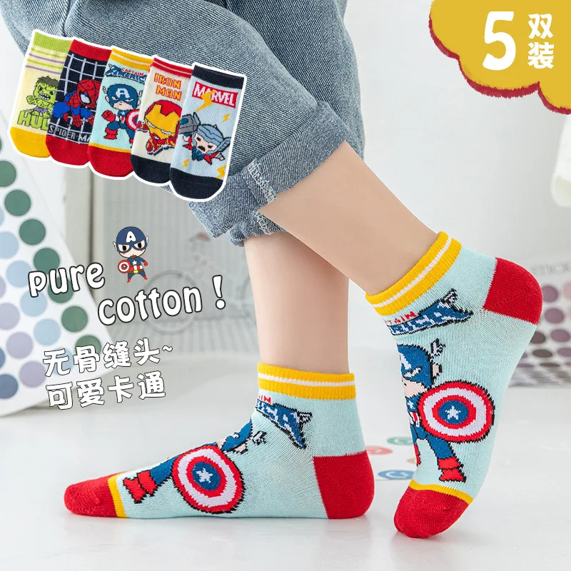 Marvel-Chaussettes courtes en coton pour enfants, dessin animé Kawaii, cadeaux pour garçons, nouveau, automne, hiver, 2024, 5 paires