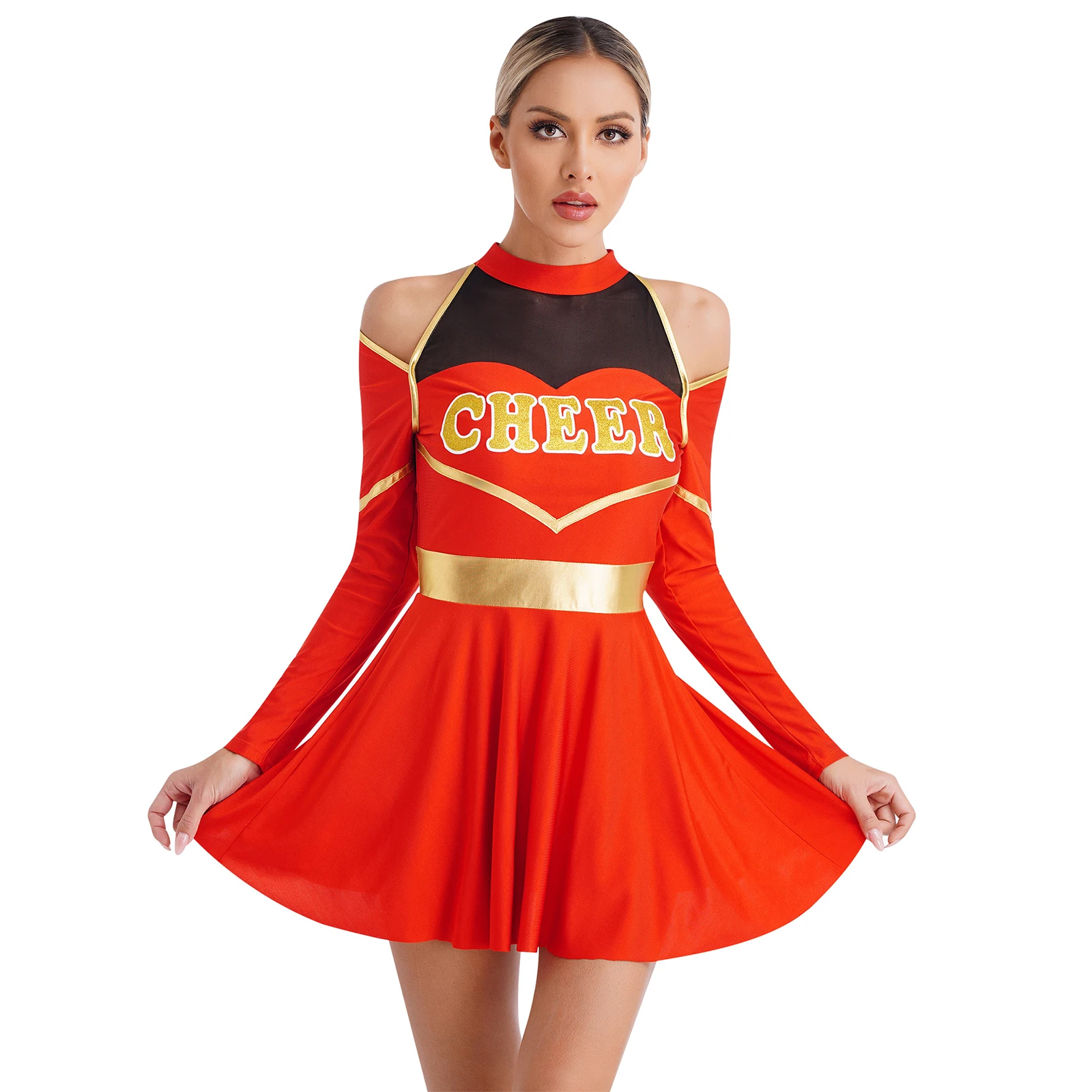 Womens Youthful Schoolgirl Cheerleading Costumes Cold Shoulders Long Sleeve Cutout Letter Print Dress Dance Performance Costumes